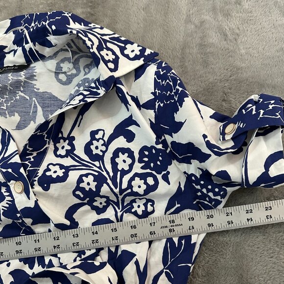 Zara 100% Cotton Blue White Floral Print Midi Shirt Dress LARGE Button Front - Picture 7 of 8